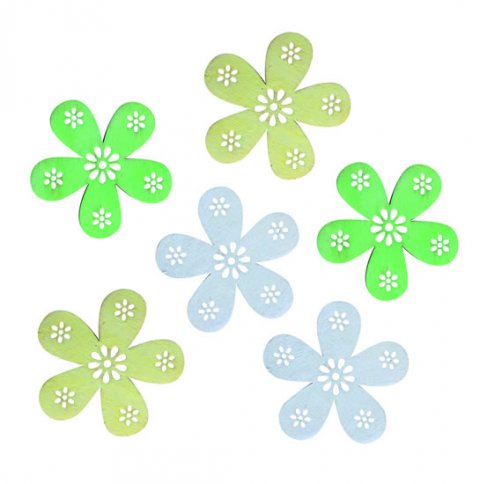 neuveden: Dřevěné výseky 6cm - květy zelený mix 6ks