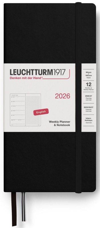 neuveden: Weekly Planner & Notebook 2026 Wallet (B6+ x A6) Black - tečkovaný
