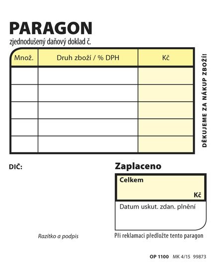 neuveden: Paragon obchodní, 7,5 × 9,5 cm, 100 listů, NCR
