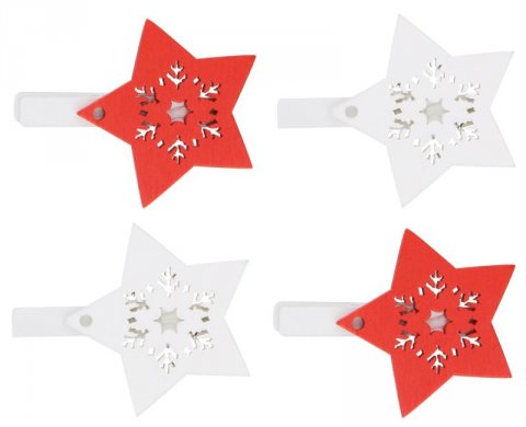 neuveden: Hvězda dřevěná na kolíčku 4,5 cm - červená a bílá 4 ks