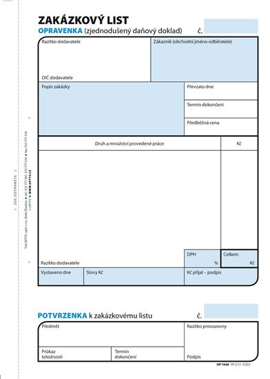 neuveden: Zakázkový list, A5, opravenka, 100 listů