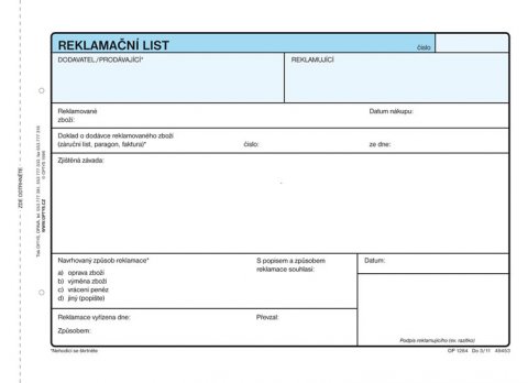 neuveden: Reklamační list, A5, 100 listů