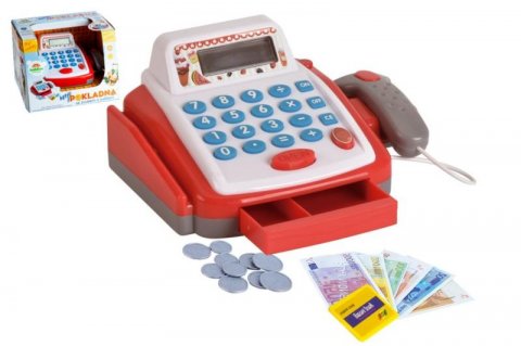 neuveden: Pokladna malá digitální plastová 18cm s doplňky na baterie se zvukem se svě