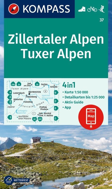 : Zillertalské Alpy, Tuxské Alpy 1:50 000 / turistická mapa KOMPASS 37