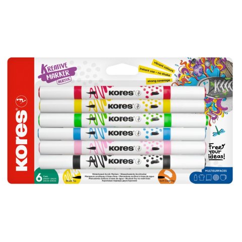 neuveden: Kores akrylové popisovače, oboustranný hrot 2 v 1 - set 6 barev