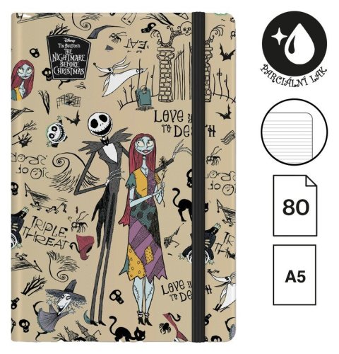 -: Zápisník s gumičkou Tim Burton 1, A5, 80 g, 80 listů, linkovaný, šedý