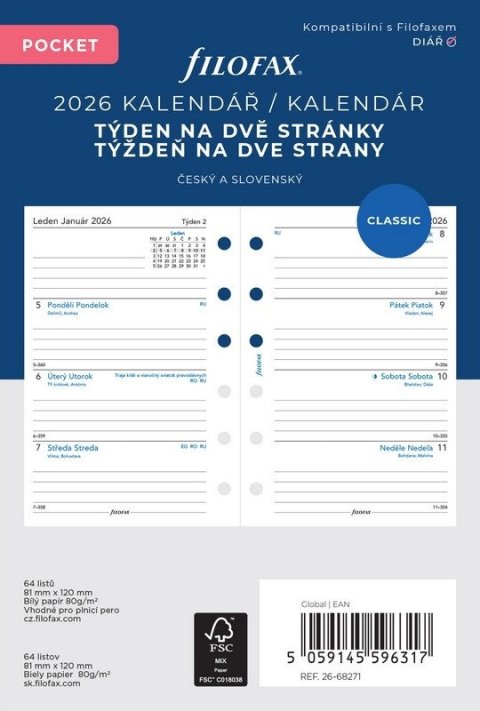 neuveden: FILOFAX kalendář 2026 kapesní, týden/2 str, linky, ČJ+SJ