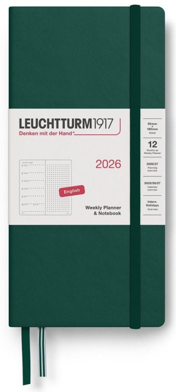 neuveden: Weekly Planner & Notebook 2026 Wallet (B6+ x A6) Forest Green - tečkovaný