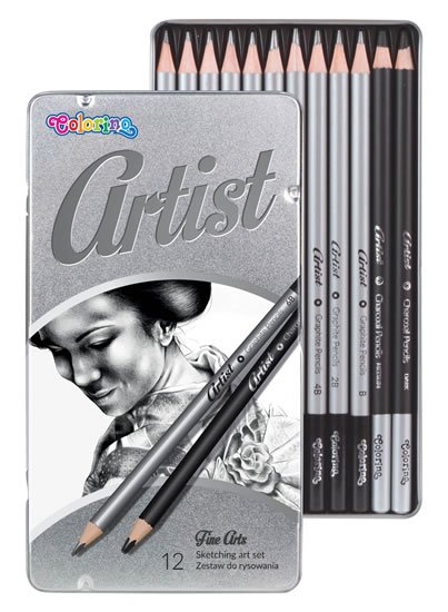neuveden: Artist - kreslířská sada grafitových tužek a uhlů kulaté kovový box