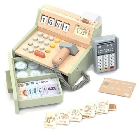 -: Dřevěná pokladna s příslušenstvím