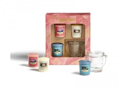 neuveden: YANKEE CANDLE Dárková sada THE LAST PARADISE, 3x votivní svíčka, 1x svícen