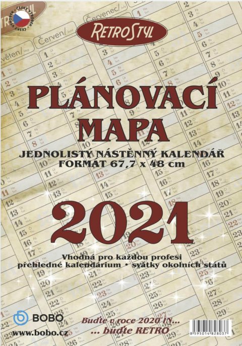 neuveden: BOBO Kalendář 2021: Plánovací mapa Retro roční skládaná 680 x 480 mm