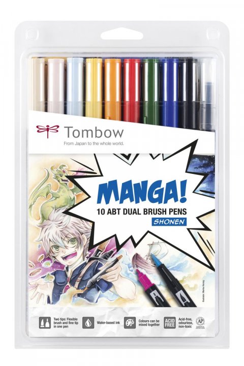 neuveden: Tombow Oboustranný štětcový fix ABT - Manga Shonen 10 ks