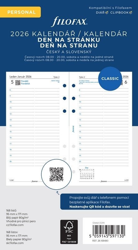 neuveden: FILOFAX kalendář 2026 osobní, den/1 str, linky, ČJ+SJ