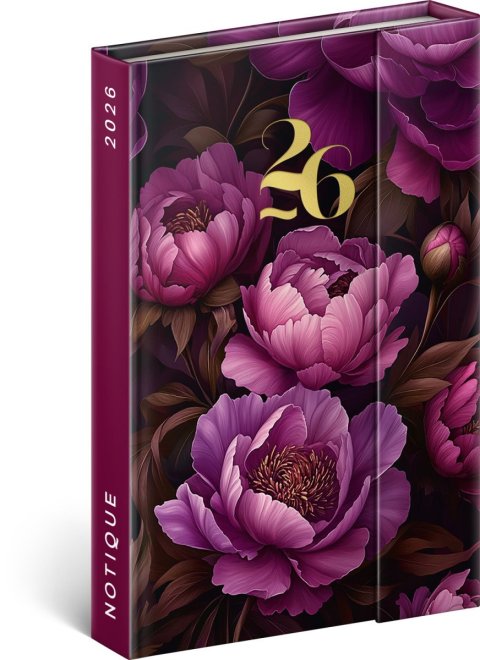 neuveden: Diář 2026: Fialové květy - týdenní, magnetický, 11 x 16 cm