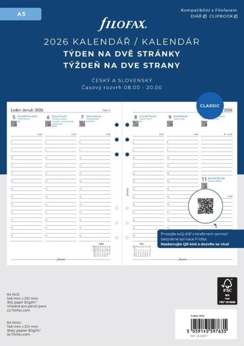neuveden: FILOFAX kalendář 2026 A5, týden/2 str, linky, ČJ+SJ