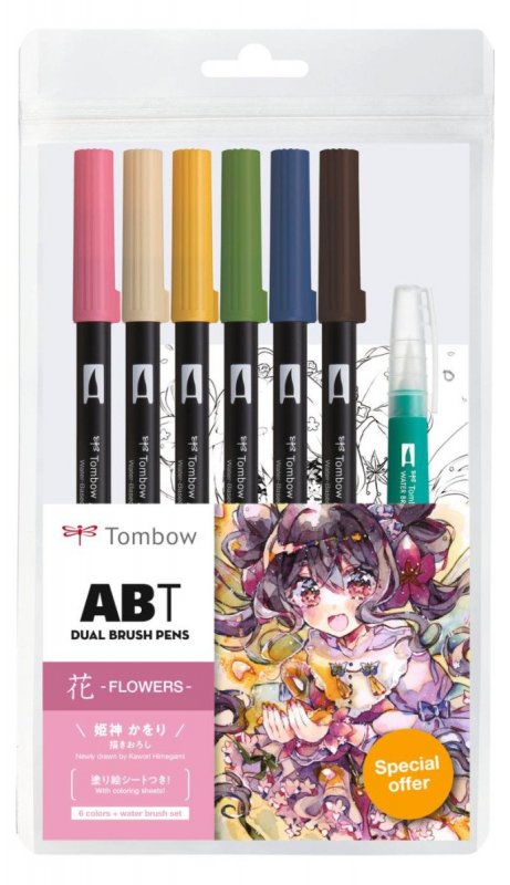 neuveden: Tombow ABT sada oboustranných fixů Manga Flower 6 ks + vodní štětec