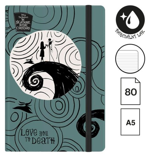 -: Zápisník s gumičkou Tim Burton 3, A5, 80 g, 80 listů, linkovaný, šedo-modrý