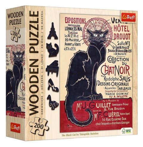 neuveden: Dřevěné puzzle Art: Steinlen - Černá kočka, Le Chat Noir 200 dílků