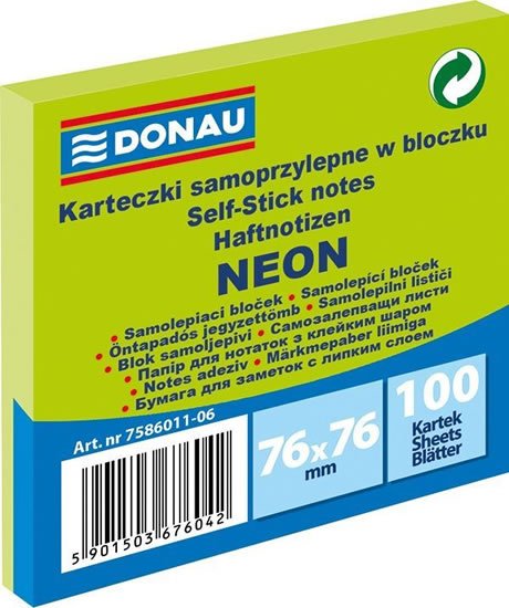 neuveden: Samolepicí bloček 76 x 76 mm - neonově zelený 100 listů