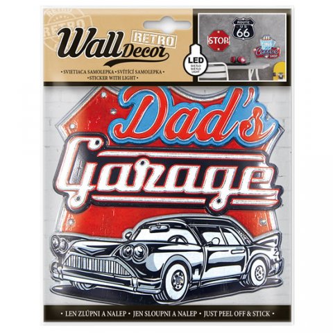 neuveden: Wall decor Retro Dads Garage - samolepící svítící dekorace 18x23 cm