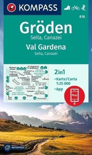 neuveden: Gröden, Val Gardena, Sella, Canazei, 1:25 000 / turistická mapa KOMPASS 616