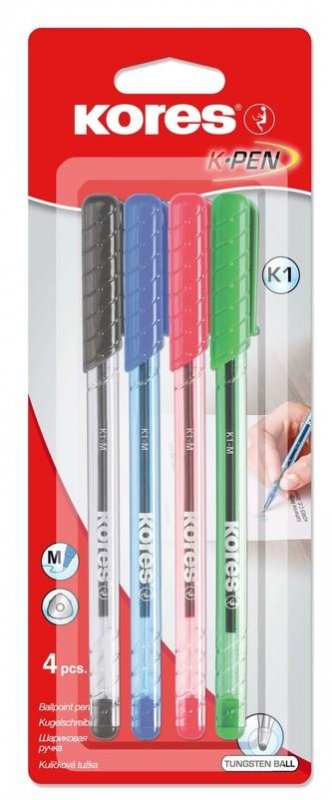 neuveden: Kores Kuličkové pero K1 Pen Super Slide 1 mm - sada 4 barev (modrá, černá, 