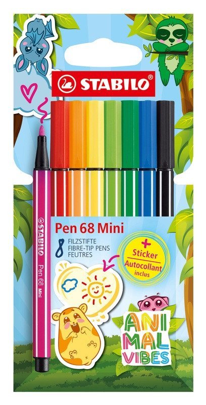 -: Prémiový vláknový fix STABILO Pen 68 Mini Animal Vibes 8ks - včetně samolep