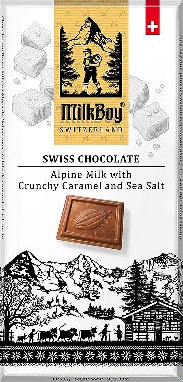 neuveden: MILKBOY SWISS Mléčná čokoláda crunchy Caramel & Sea Salt 85g