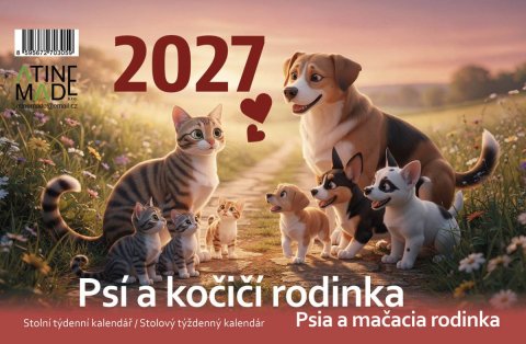 : Kalendář 2027 Psí a kočičí rodinka, stolní, týdenní, 14 x 21,4 cm