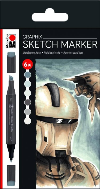 neuveden: Marabu Graphix oboustranný skicovací popisovač 2hroty 1-7mm+1mm 6ks sada