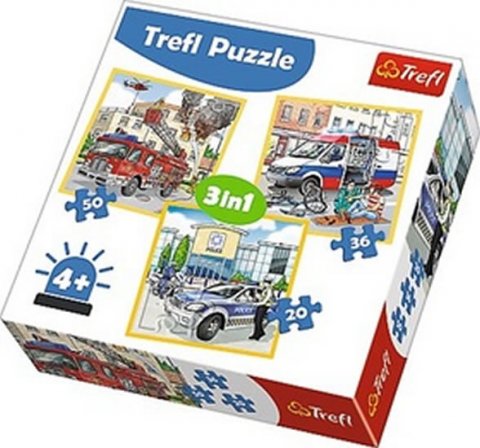 neuveden: Trefl Puzzle Policie, záchranáři a hasiči 3v1 (20,36,50 dílků)