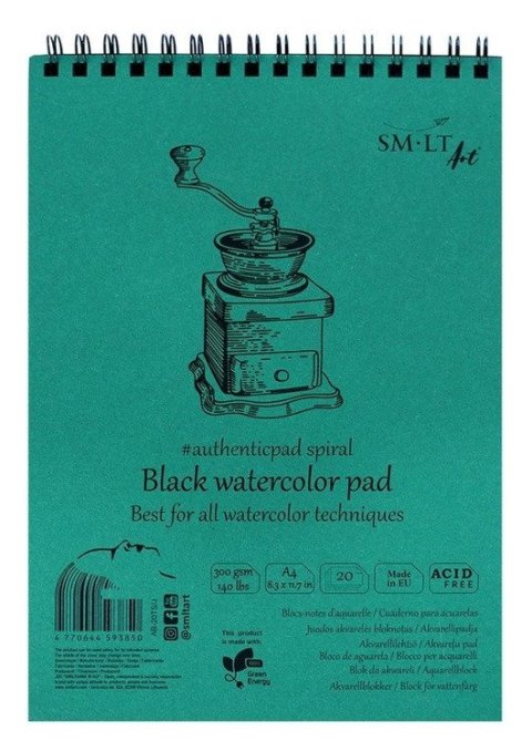 -: Blok na spirále #authenticpad Akvarel, A5, 20l., 300g/m2, černá