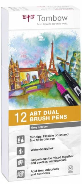 neuveden: Tombow Oboustranný štětcový fix ABT - Grey tone 12 ks
