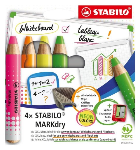 -: Suchý popisovač na tabuli a flipchart STABILO MARKdry Neon 4ks + ořezávátko