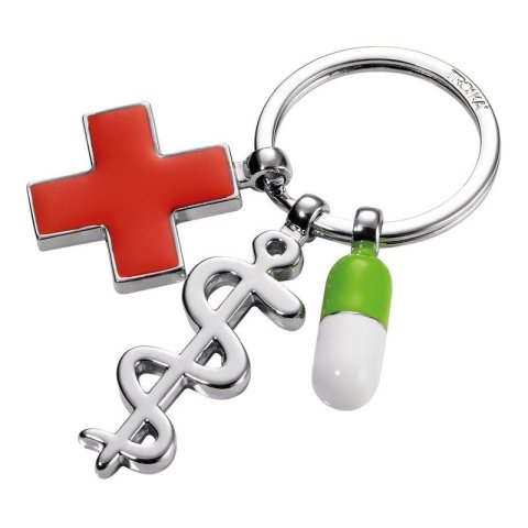 neuveden: Troika klíčenka - červený kříž, pilulka, Aeskulapova hůl Get well (kovová, 
