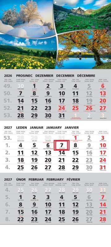 : Kalendář 2027 tříměsíční nástěnný: STANDARD CZ šedý s obrázkem