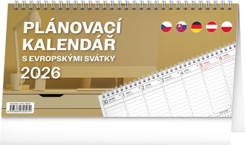 neuveden: Kalendář 2026 stolní: Plánovací s evropskými svátky, 25 x 12,5 cm