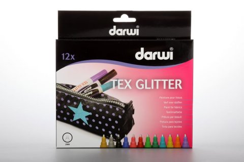 neuveden: DARWI TEX GLITTER fixy na textil sada 12 x 6 ml