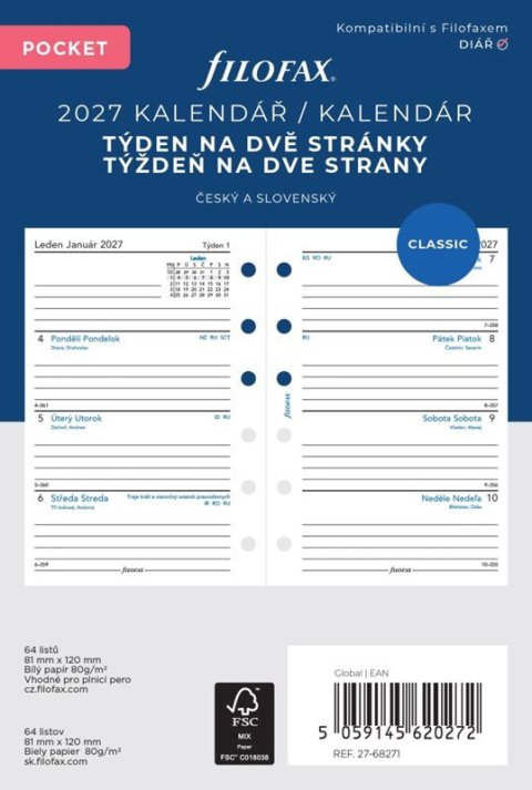 : Kalendářní náplň do diáře FILOFAX 2027, kapesní, týdenní, linky, CZ/SK