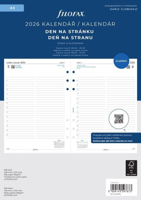 neuveden: FILOFAX kalendář 2026 A5, den/1 str, linky, ČJ+SJ
