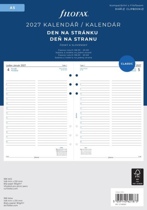 : Kalendářní náplň do diáře FILOFAX 2027, A5, denní, linky, CZ/SK
