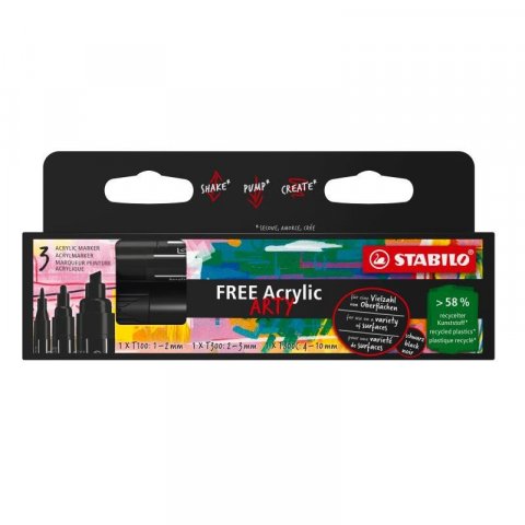 neuveden: Akrylový popisovač STABILO FREE Acrylic - sada 3 ks se 3 různými hroty - če