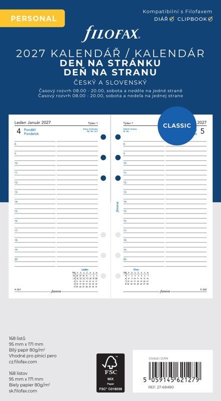 : Kalendářní náplň do diáře FILOFAX 2027, osobní, denní, linky, CZ/SK