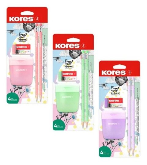 : Kores Pastel SET ořezávátko, 2 tužky, pryž - mix barev