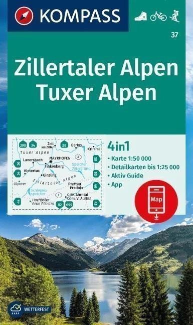neuveden: Zillertaler Alpen, Tuxer alpen 1:25 000 / turistická mapa KOMPASS 37