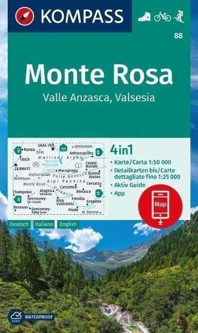 neuveden: Monte Rosa, Valle Anzasca, Valsesia 1:50 000 / turistická mapa KOMPASS 88
