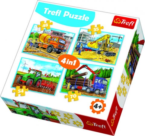 neuveden: Trefl Puzzle Pracovní stroje 4v1 (35,48,54,70 dílků)