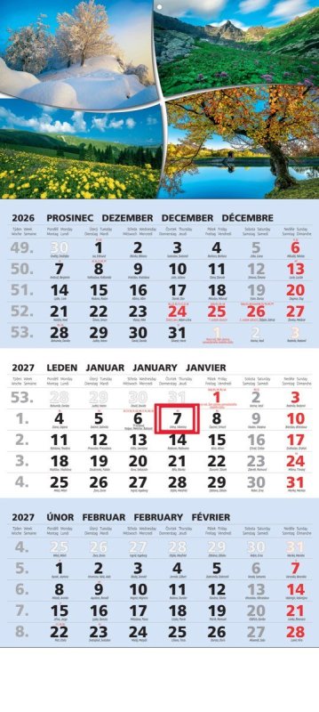 : Kalendář 2027 tříměsíční nástěnný: STANDARD CZ modrý s obrázkem