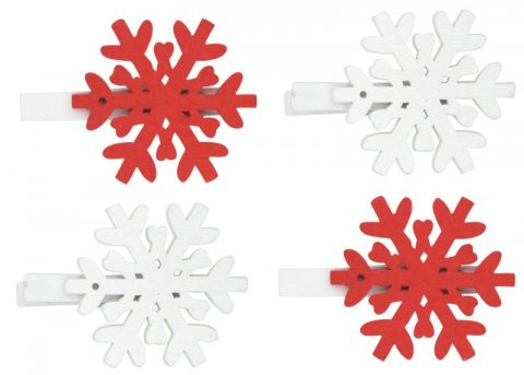 neuveden: Vločka dřevěná na kolíčku 4,5 cm - červená a bílá 4 ks